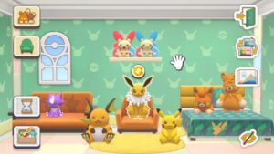 Scène balnéaire avec peluches Pokémon devant l’océan