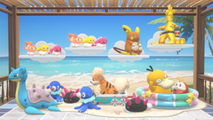 Pikachu peluche dans un panier dans Pokémon Friends