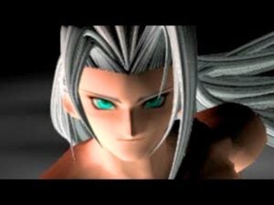 Sephiroth dans Final Fantasy VII version PS1, portrait 3D basse résolution avec yeux cyan brillants, cheveux gris argentés, design classique des années 90