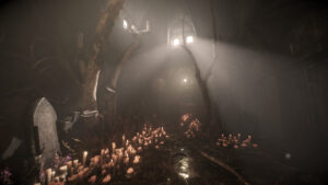 Salle sombre avec des chandelles et arbres morts dans une ambiance gothique