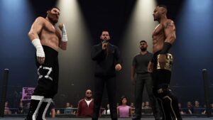Présentation des catcheurs dans un ring avant un combat dans WWE 2K25