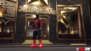 Boutique Driporium dans WWE 2K25 avec un catcheur masqué en bottes rouges