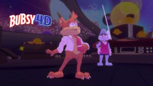 Bubsy en costume blanc et cravate rouge dans un décor spatial stylisé