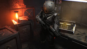 Soldat équipé d’une arme automatique devant un établi dans Cronos The New Dawn