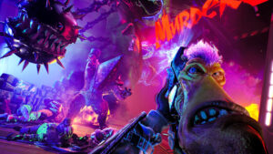 Enorme créature et arme parlante dans un combat à l’intérieur d’une pièce saturée de lumière violette