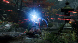 Samouraï en pleine invocation d’énergie bleue dans Onimusha Way of the Sword