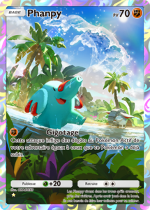 Carte de Phanpy dans un décor tropical avec animation aquatique