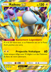 Carte Raikou EX avec éclairs et pose offensive