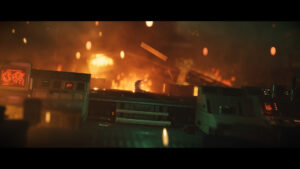 Poste de commande détruit avec feu en arrière-plan dans Replaced