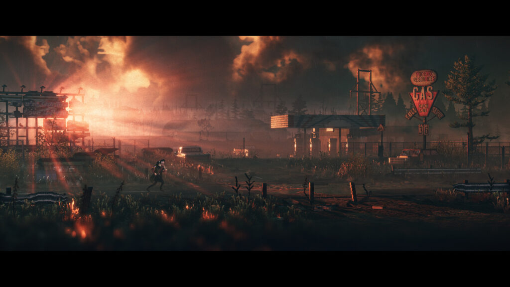 Station-service désertique au coucher de soleil dans Replaced