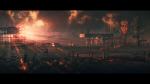 Station essence abandonnée et ciel orange dans Replaced