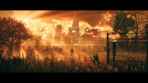 Personnage face à une ville fortifiée au coucher du soleil dans Replaced