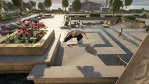 Personnage réalisant un flip au-dessus d’un escalier dans Skate.