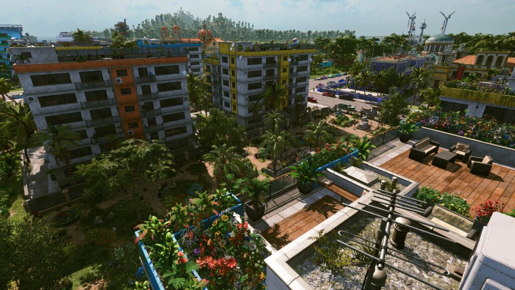 Alignement de villas et circulation routière dans Tropico 7