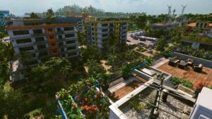 Quartier résidentiel coloré bordé de voitures dans Tropico 7