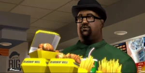 Big Smoke dans GTA San Andreas commandant un menu au Cluckin’ Bell