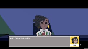 Inky s’exprime dans une scène de dialogue avec interface de visual novel