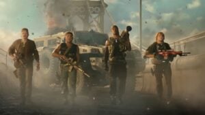 Scène du trailer de Battlefield 6 montrant quatre célébrités armées avançant au ralenti sur un pont