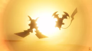 Deux Méga-Raichu en silhouette devant une lumière aveuglante dans le trailer de Méga-Dimension