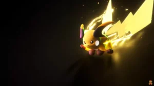 Méga-Raichu X fonce vers l’écran entouré d’éclairs jaunes