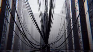 Une multitude de câbles noirs convergent au centre d’un espace industriel aseptisé