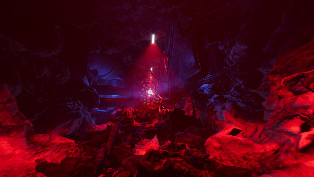 Dreadcore Locked Unit confronte le joueur à une scène macabre dans un boyau souterrain