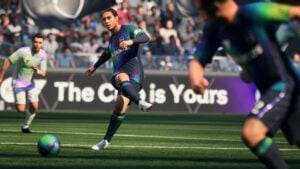 Joueur en plein tir dans EA Sports FC 26 avec un maillot EA Sports sombre et un ballon bleu