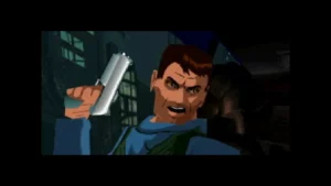 Gros plan sur Deke brandissant un pistolet dans Fear Effect