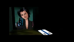 Hana braque une arme sur une cible posée sur une table dans Fear Effect