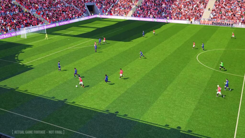 Une attaque se développe sur l’aile gauche dans Football Manager 26 avec une animation fluide
