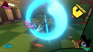 Personnage exécutant une attaque tourbillonnante bleue contre un ennemi étrange