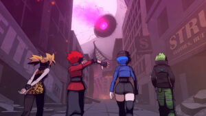 Vue arrière des Genokids avançant dans une ville en ruine vers une menace cosmique