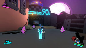 Personnage aux cheveux bleus entouré de petits ennemis violets dans une ruelle futuriste