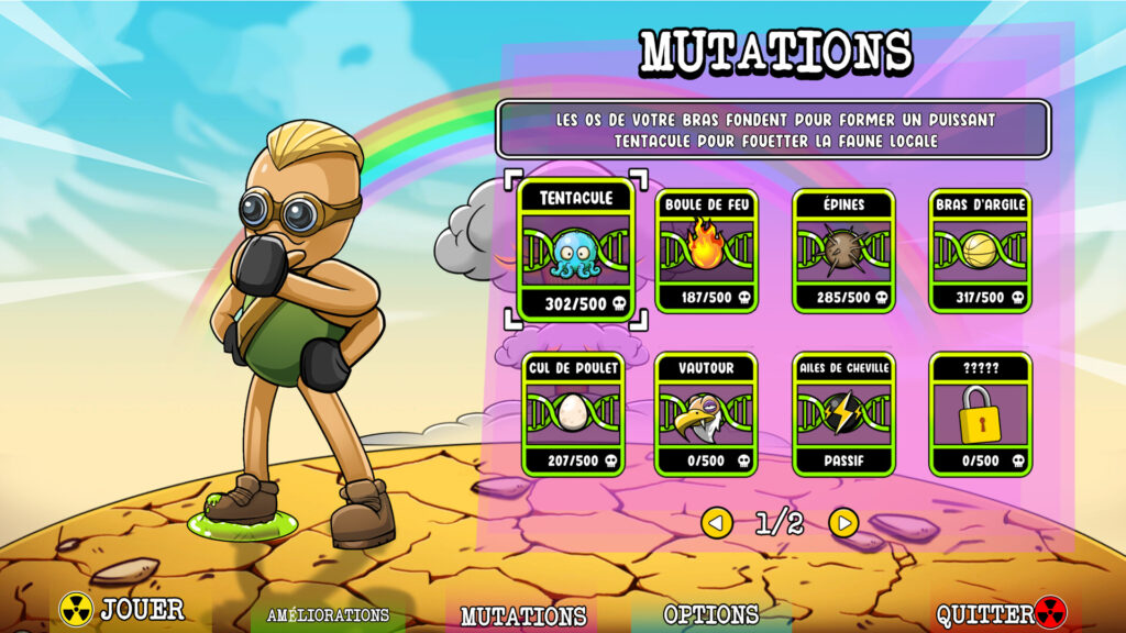 Menu des mutations dans Ground Zero Hero avec le personnage et les améliorations à débloquer