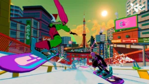 Course de snowboard urbain dans un Tokyo stylisé avec deux personnages colorés