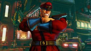 M. Bison posant dans Street Fighter avec son uniforme rouge et son sourire cruel
