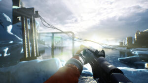 Base scientifique au bord d’un océan gelé avec reflets de lumière réalistes