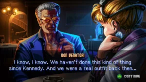 Scène de dialogue entre deux personnages dans un restaurant sombre