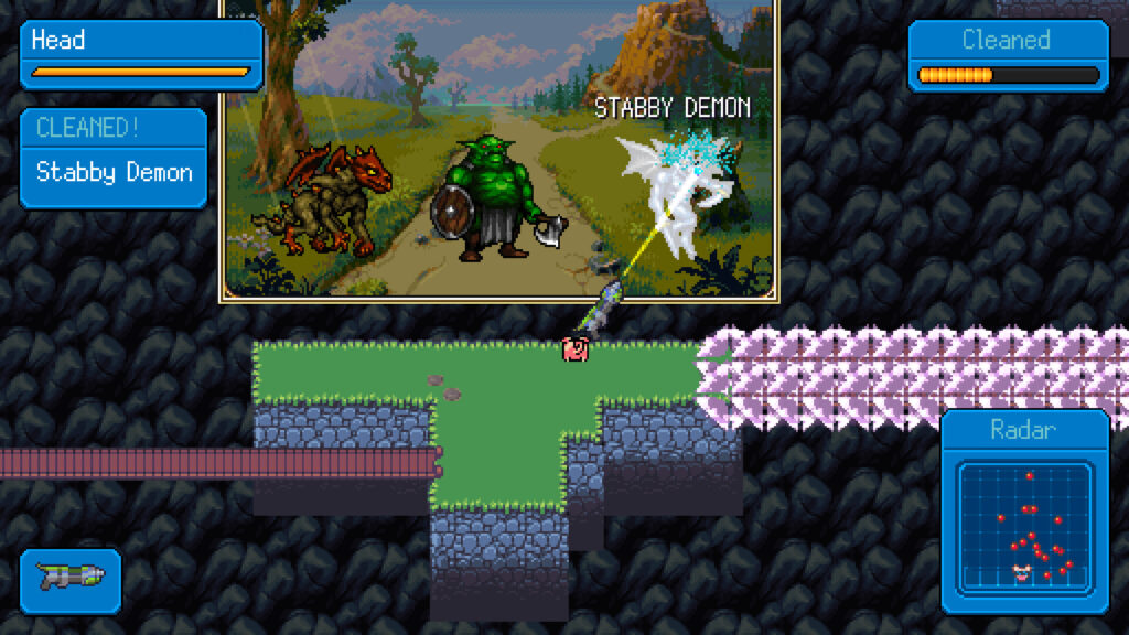 Interface de combat et de nettoyage d’un démon dans Pixel Washer