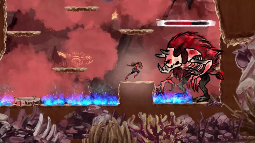 Combat rituel dans Talaka contre un démon osseux sur fond de flammes bleues