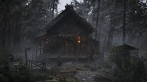 Cabane en bois délabrée au cœur d’une forêt détrempée sous la pluie