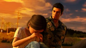 Kazuma Kiryu console Haruka lors d’une scène émotive dans Yakuza Kiwami 3 Remake