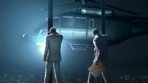 Deux personnages observent un hélicoptère depuis un gratte-ciel dans Yakuza Kiwami 3 Remake