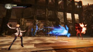 Anima Gate of Memories Remaster gameplay combat héroïne lançant une attaque magique contre une créature enflammée