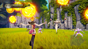 Anima Gate of Memories Remaster combat héroïne contre créatures dans une prairie ensoleillée