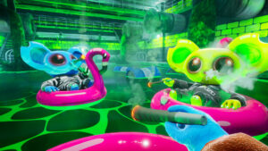 Deux Jailiens flottent sur des bouées dans un liquide vert fluorescent