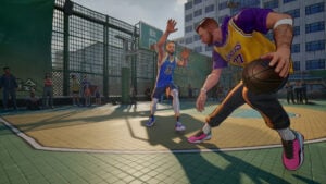Capture d'écran de gameplay de NBA The Run illustrant l'action de match en 3 contre 3