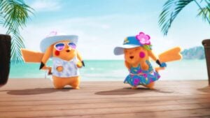 Pikachu versions spéciales Mr Windychu et Ms Wavychu sur la plage dans le trailer Pokémon Vents et Vagues génération 10