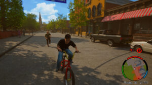Agefield High Rock The School gameplay10 - vélo rue commerçante américaine bâtiments vintage monde ouvert PC