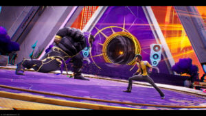 Dead as Disco gameplay - Charlie Disco combat un ennemi devant le building Harmony Corp avec roue dorée et enceintes, beat 'em up PC